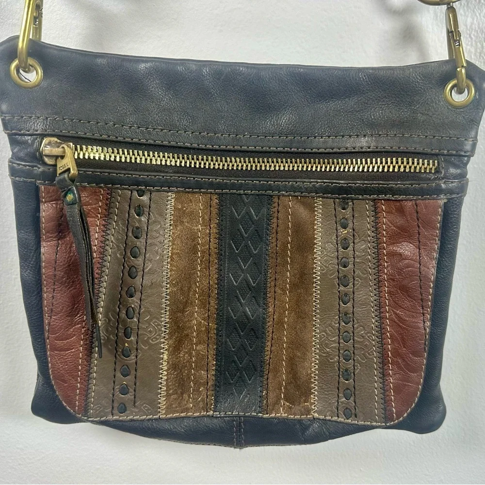 Vintage Fossil Multicolor Patchwork Crossbody Bag Leather Boho